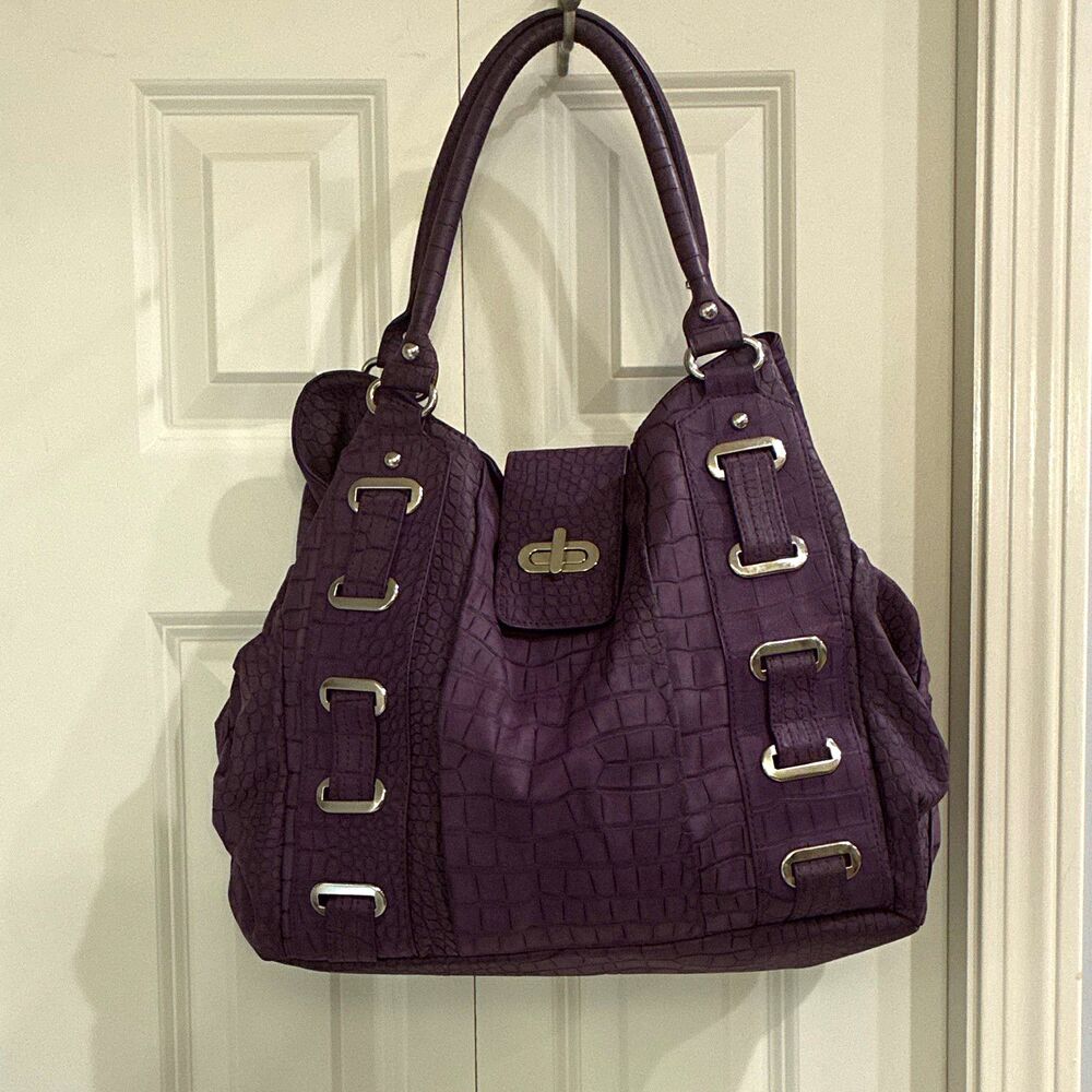 Purple Crocodile Embossed Large Shoulder Bag Double Handles Zip Turn Lock Lined